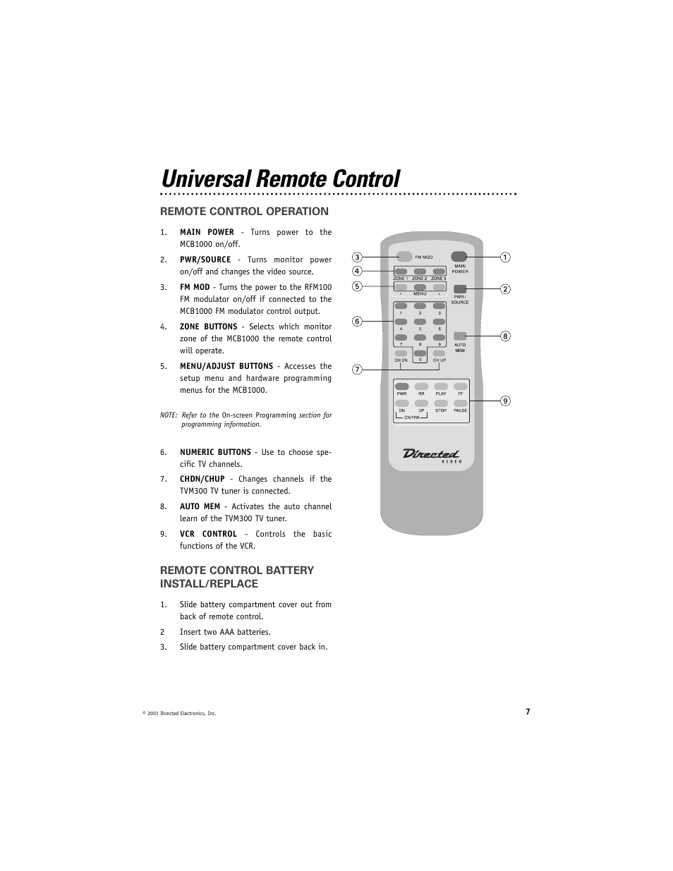 Universal remote control | Directed Video MCB1000 User Manual | Page 7 / 16