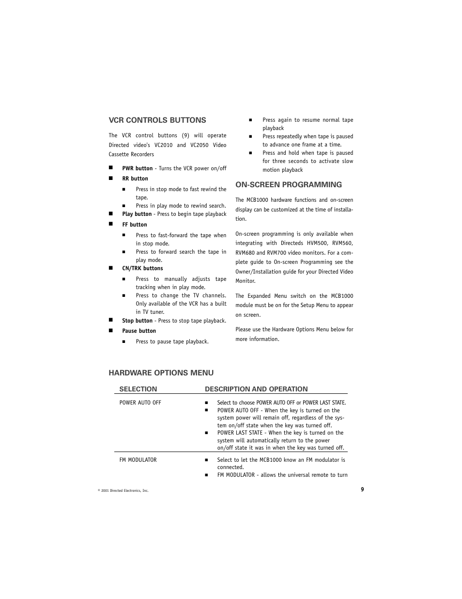 Vcr controls buttons, On-screen programming, Hardware options menu | Directed Video MCB1000 User Manual | Page 9 / 16
