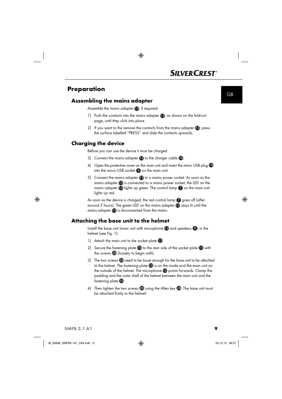Preparation, Assembling the mains adapter, Charging the device | Attaching the base unit to the helmet | Silvercrest SMFB 2.1 A1 User Manual | Page 13 / 78