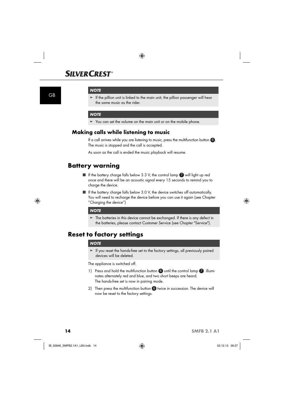 Battery warning, Reset to factory settings, Making calls while listening to music | Silvercrest SMFB 2.1 A1 User Manual | Page 18 / 78