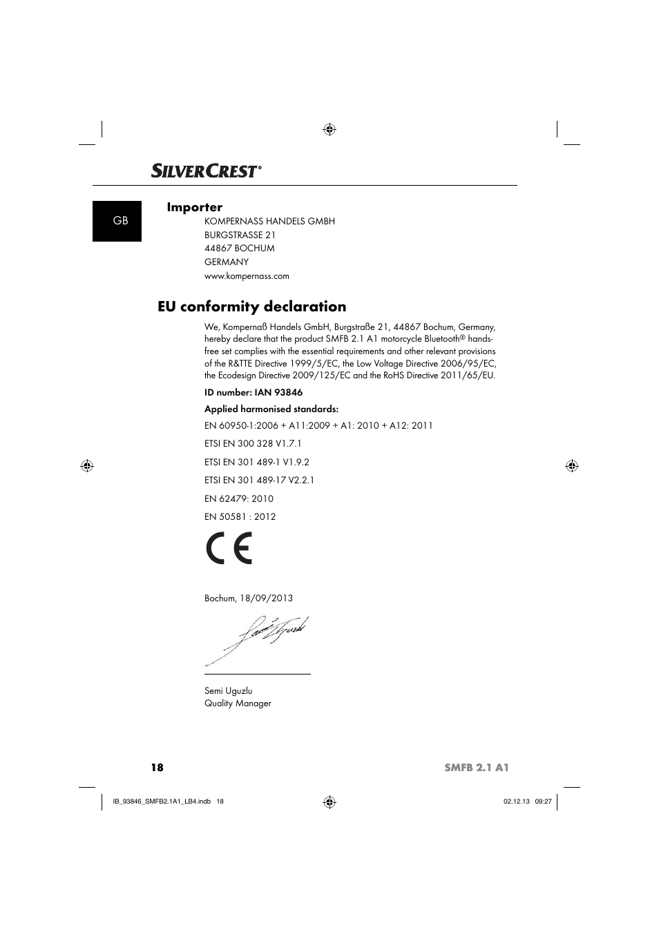 Eu conformity declaration, Importer | Silvercrest SMFB 2.1 A1 User Manual | Page 22 / 78