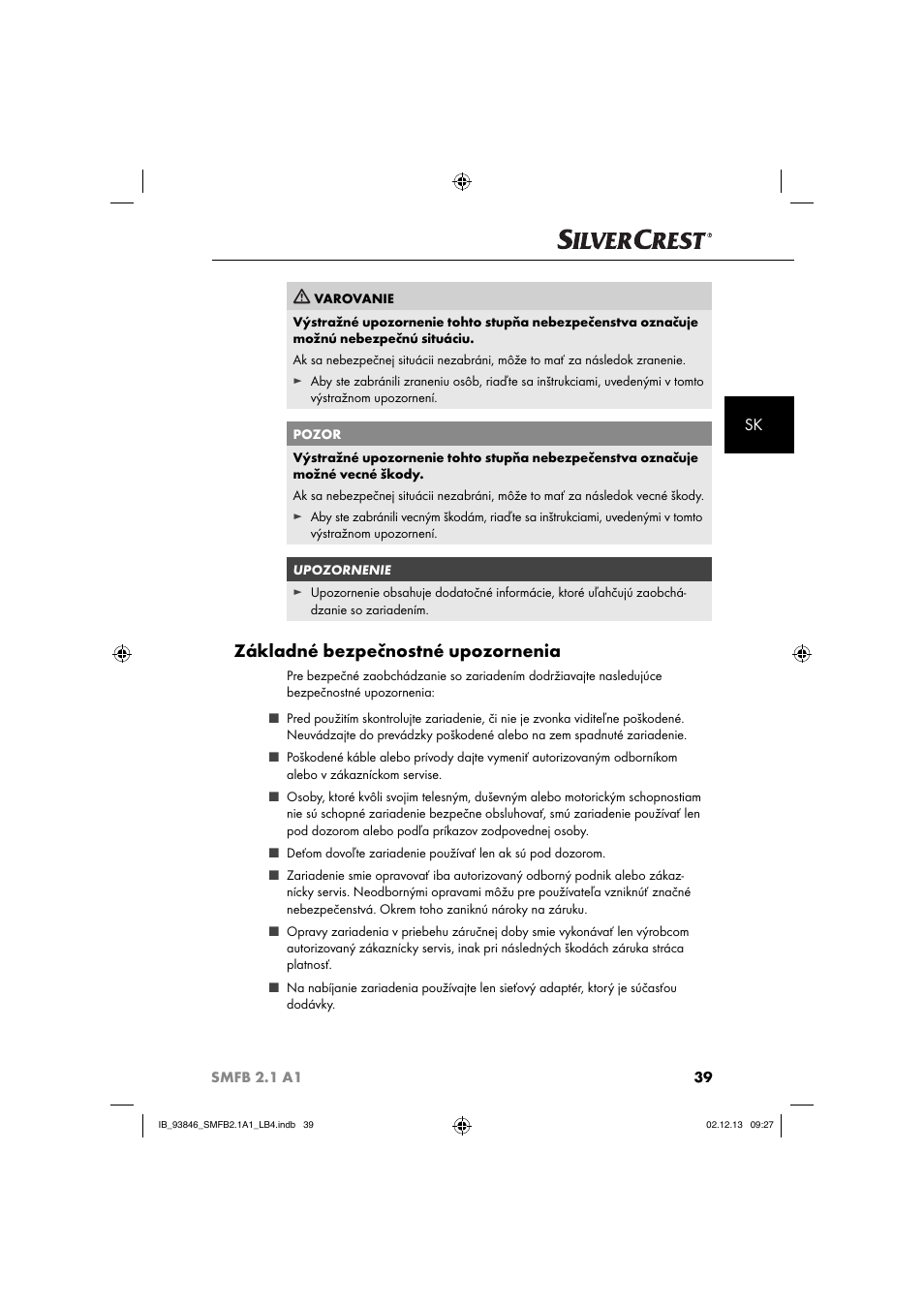 Základné bezpečnostné upozornenia | Silvercrest SMFB 2.1 A1 User Manual | Page 43 / 78