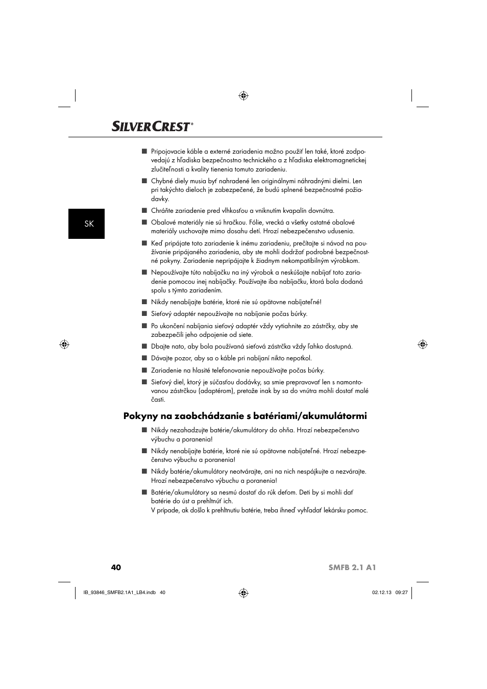 Pokyny na zaobchádzanie s batériami/akumulátormi | Silvercrest SMFB 2.1 A1 User Manual | Page 44 / 78