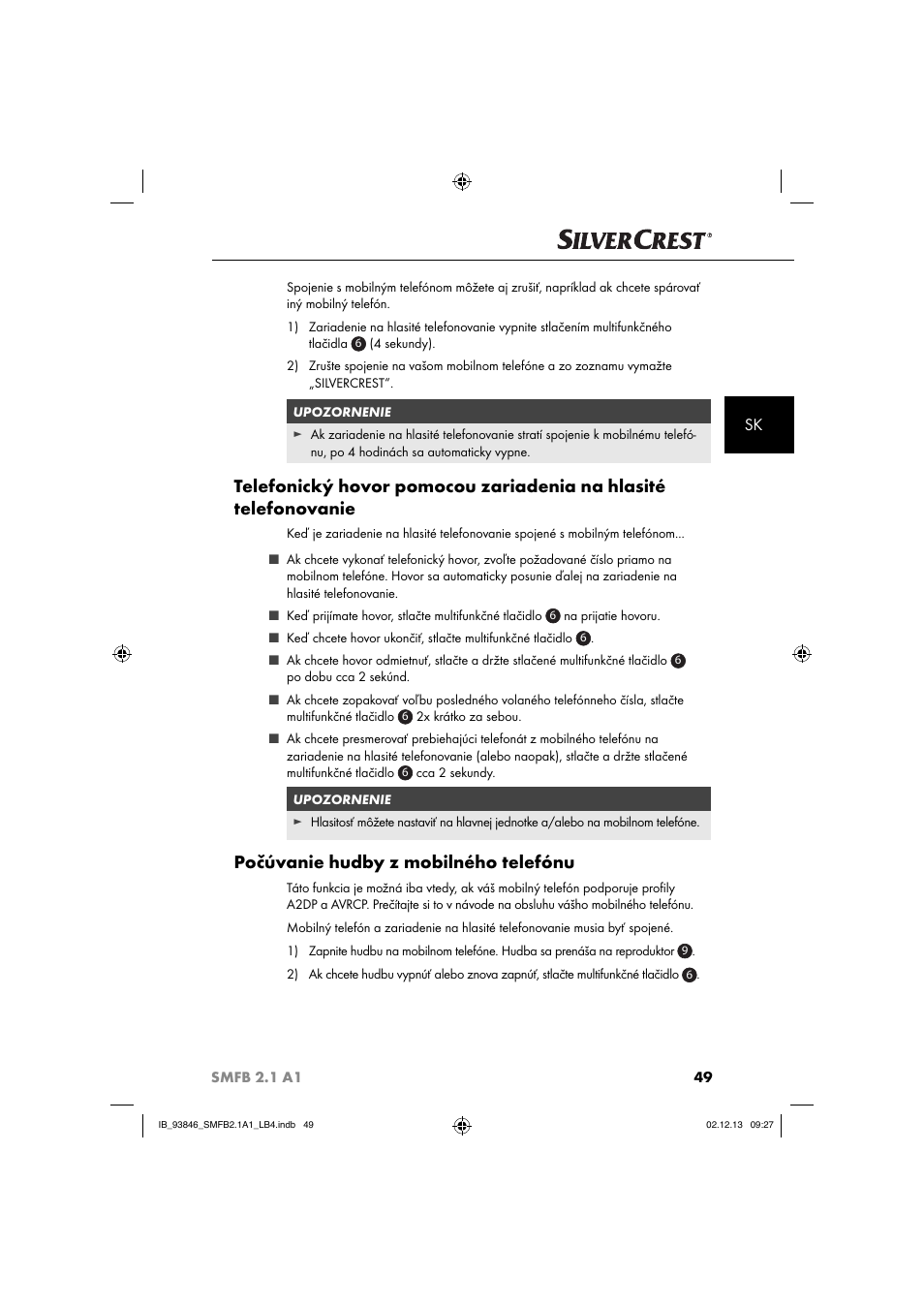 Počúvanie hudby z mobilného telefónu | Silvercrest SMFB 2.1 A1 User Manual | Page 53 / 78