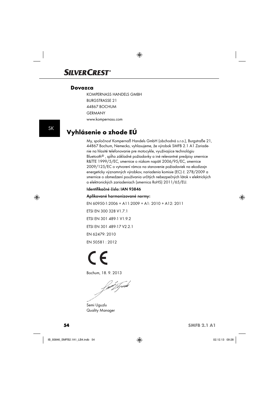 Vyhlásenie o zhode eú, Dovozca | Silvercrest SMFB 2.1 A1 User Manual | Page 58 / 78
