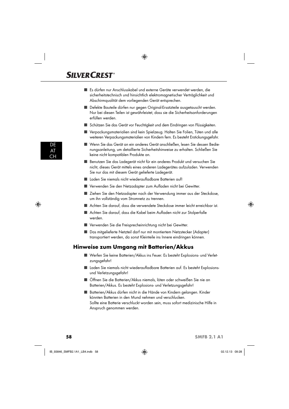 Hinweise zum umgang mit batterien/akkus, De at ch | Silvercrest SMFB 2.1 A1 User Manual | Page 62 / 78