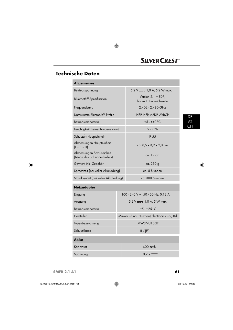 Technische daten, De at ch | Silvercrest SMFB 2.1 A1 User Manual | Page 65 / 78