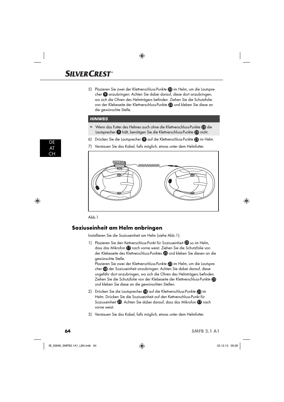 Soziuseinheit am helm anbringen, De at ch | Silvercrest SMFB 2.1 A1 User Manual | Page 68 / 78