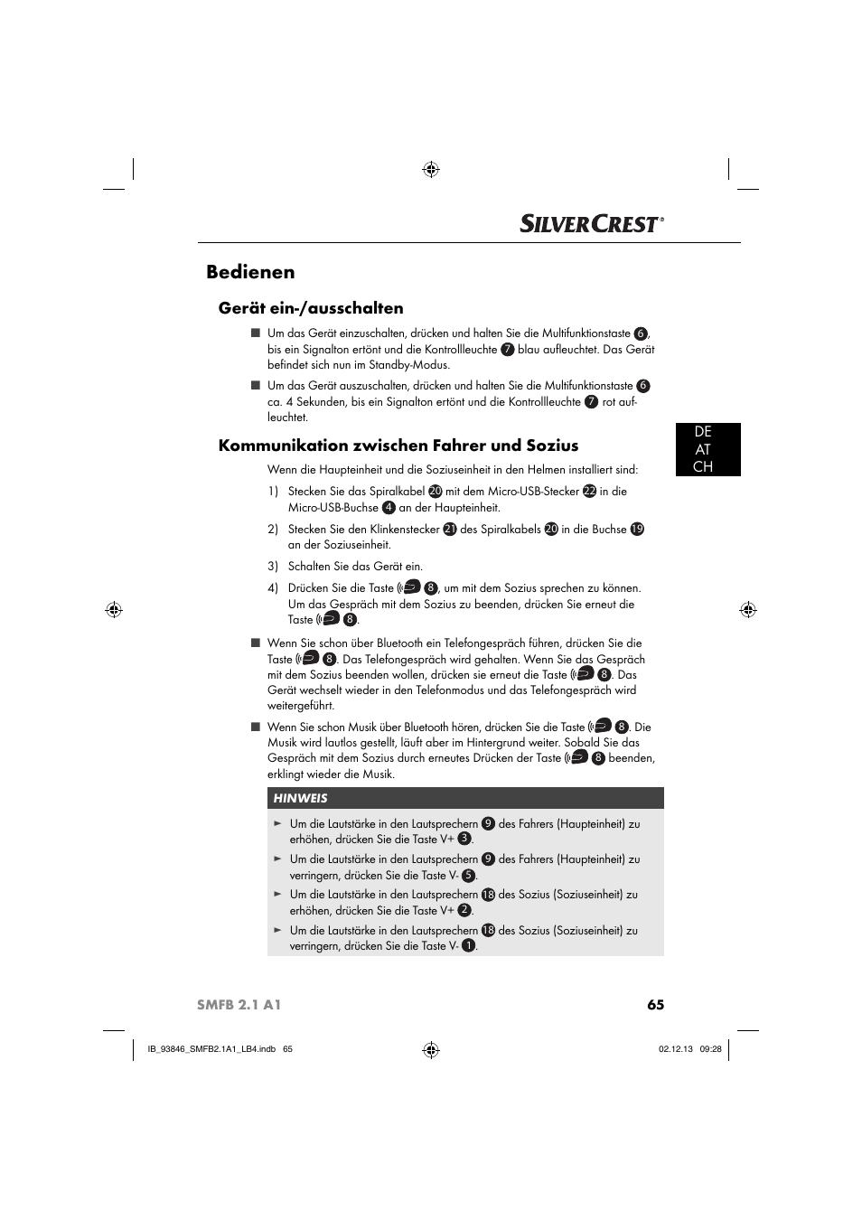Bedienen, Gerät ein-/ausschalten, Kommunikation zwischen fahrer und sozius | De at ch | Silvercrest SMFB 2.1 A1 User Manual | Page 69 / 78