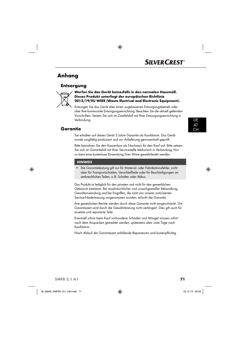 Anhang, Entsorgung, Garantie | De at ch | Silvercrest SMFB 2.1 A1 User Manual | Page 75 / 78