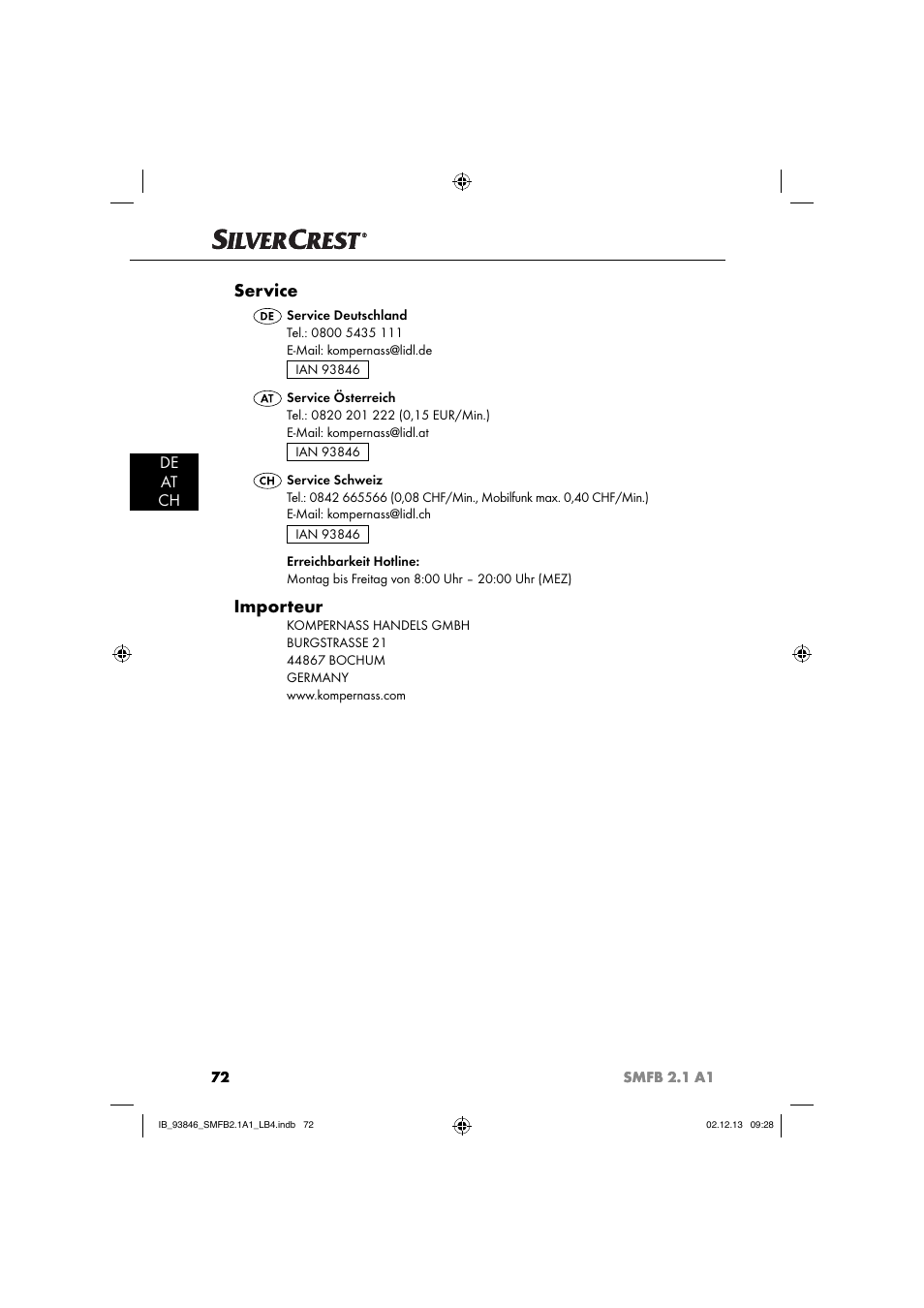 Service, Importeur, De at ch | Silvercrest SMFB 2.1 A1 User Manual | Page 76 / 78