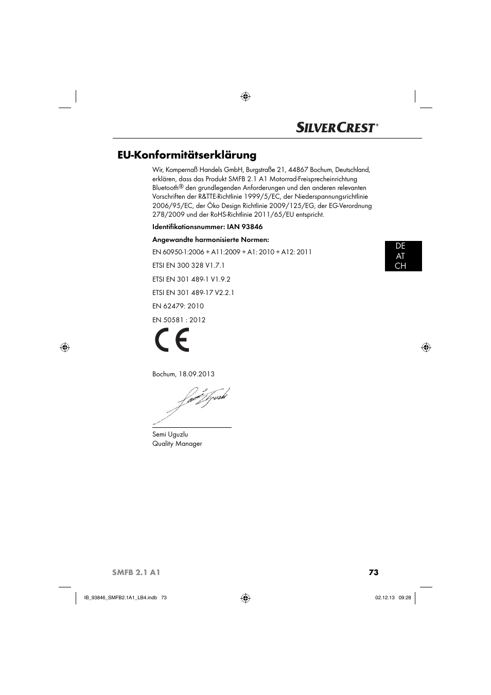 Eu-konformitätserklärung, De at ch | Silvercrest SMFB 2.1 A1 User Manual | Page 77 / 78
