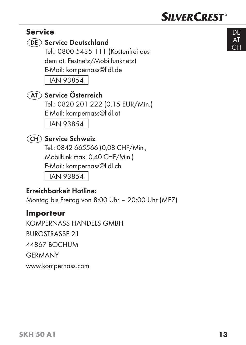 Service, Importeur | Silvercrest SKH 50 A1 User Manual | Page 16 / 59