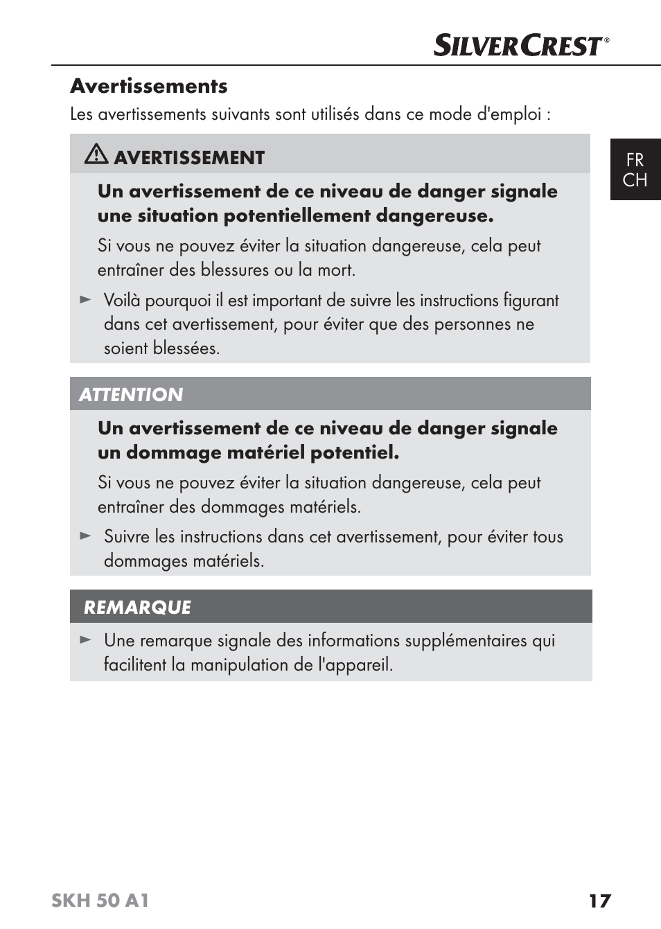 Avertissements | Silvercrest SKH 50 A1 User Manual | Page 20 / 59