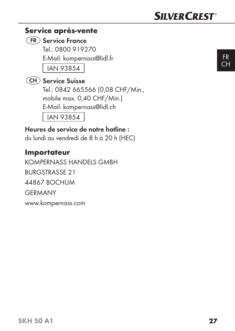 Service après-vente, Importateur | Silvercrest SKH 50 A1 User Manual | Page 30 / 59