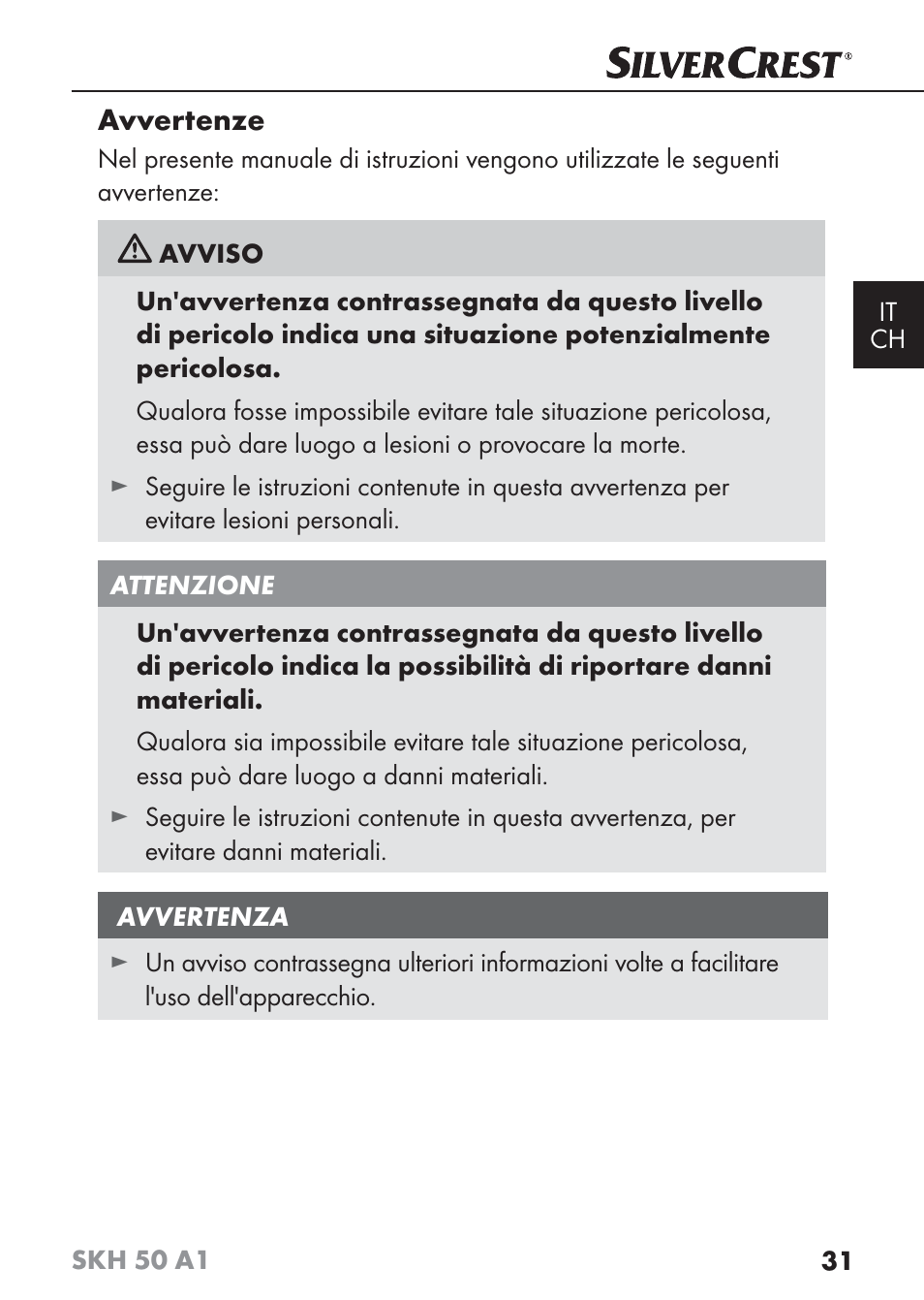 Avvertenze | Silvercrest SKH 50 A1 User Manual | Page 34 / 59