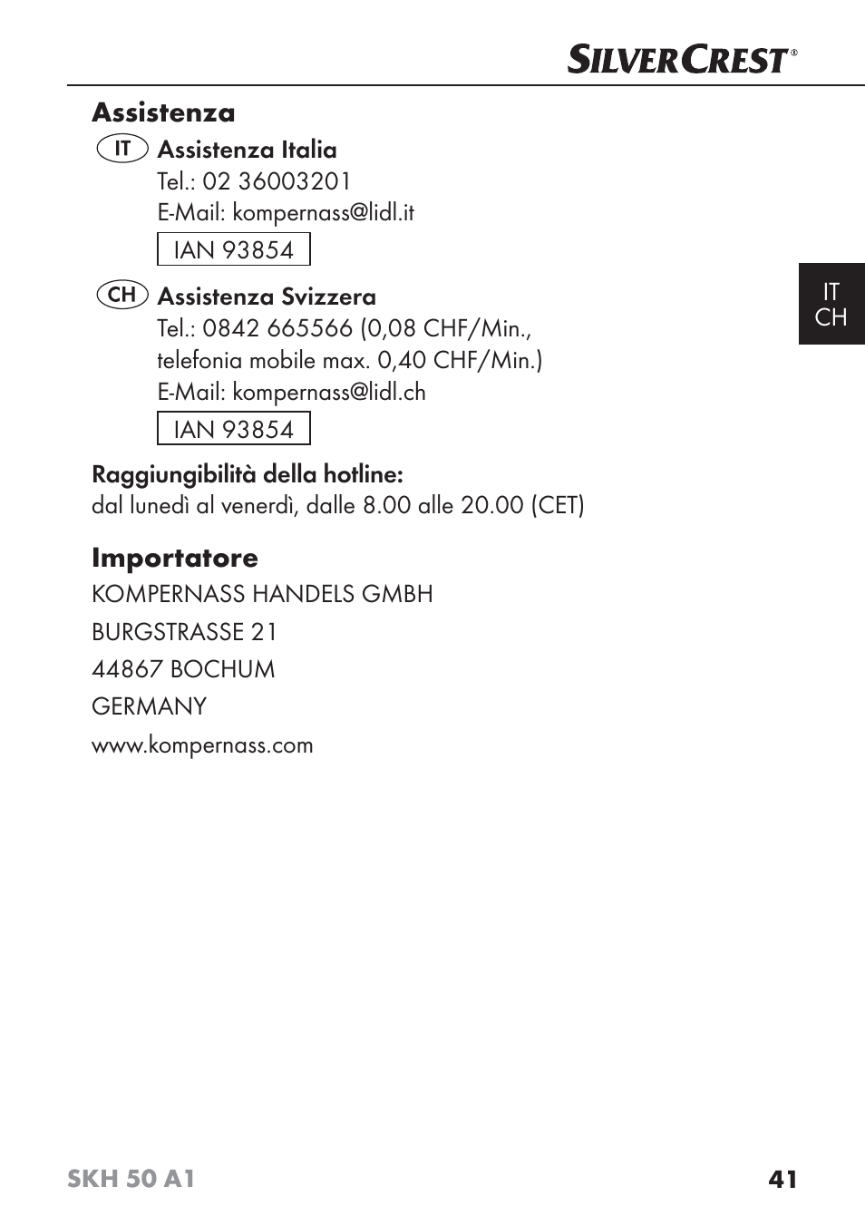 Assistenza, Importatore | Silvercrest SKH 50 A1 User Manual | Page 44 / 59