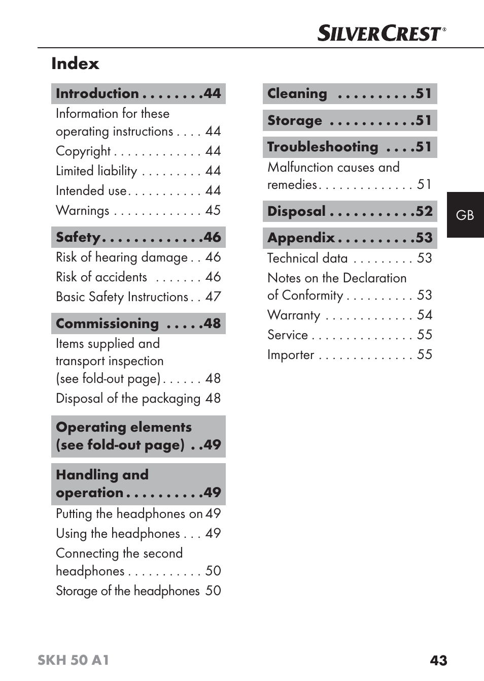 Index | Silvercrest SKH 50 A1 User Manual | Page 46 / 59