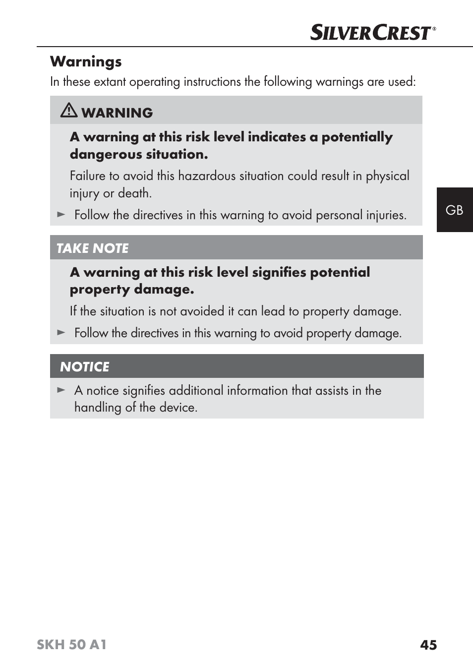 Warnings | Silvercrest SKH 50 A1 User Manual | Page 48 / 59