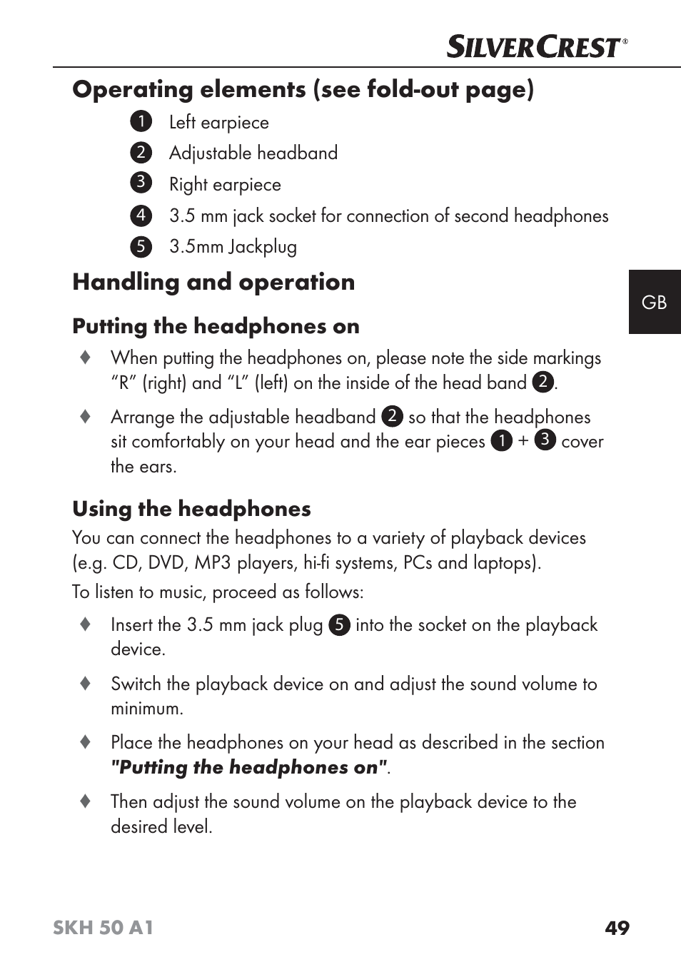Operating elements (see fold-out page), Handling and operation, Putting the headphones on | Using the headphones | Silvercrest SKH 50 A1 User Manual | Page 52 / 59