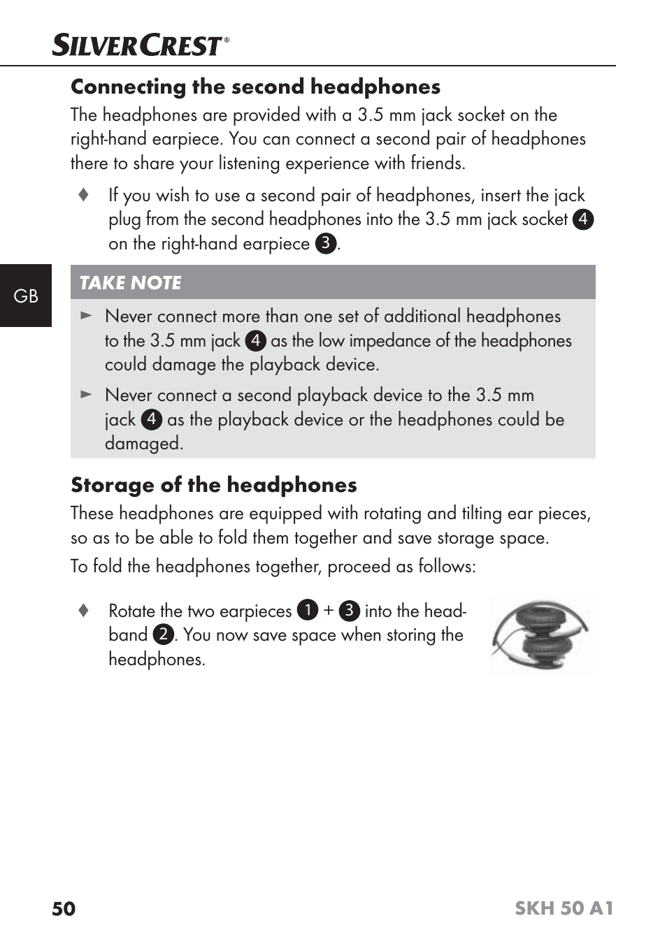 Connecting the second headphones, Storage of the headphones | Silvercrest SKH 50 A1 User Manual | Page 53 / 59