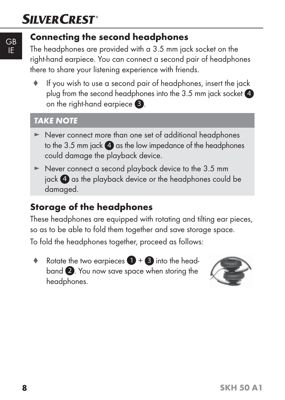 Connecting the second headphones, Storage of the headphones | Silvercrest SKH 50 A1 User Manual | Page 11 / 101