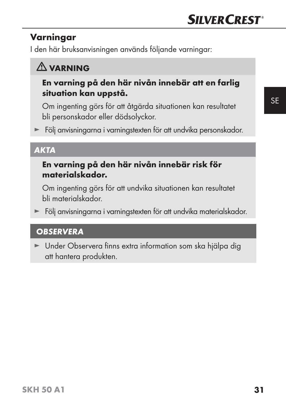 Varningar | Silvercrest SKH 50 A1 User Manual | Page 34 / 101