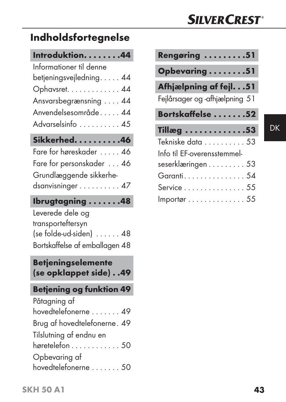 Indholdsfortegnelse | Silvercrest SKH 50 A1 User Manual | Page 46 / 101