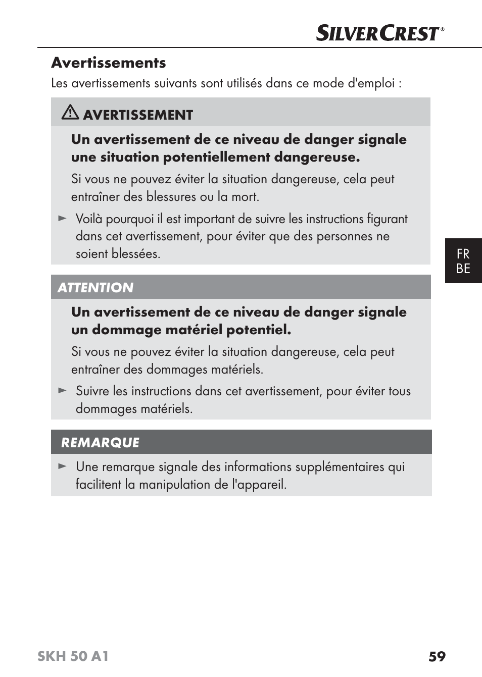 Avertissements | Silvercrest SKH 50 A1 User Manual | Page 62 / 101