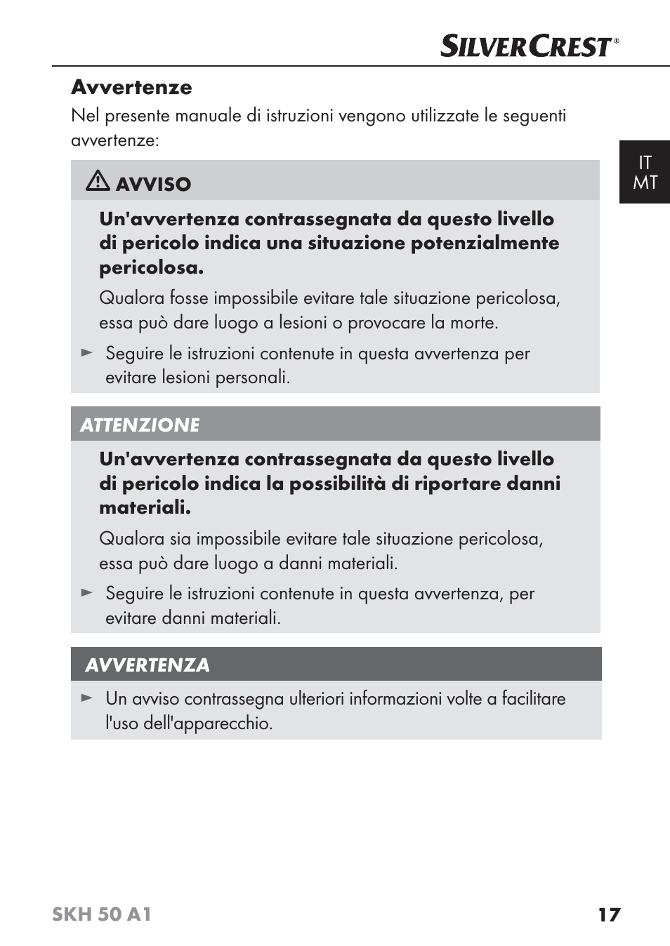 Avvertenze | Silvercrest SKH 50 A1 User Manual | Page 20 / 73