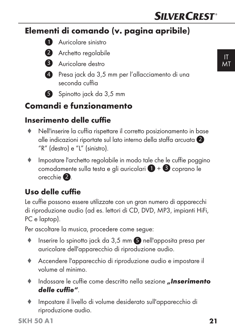 Elementi di comando (v. pagina apribile), Comandi e funzionamento | Silvercrest SKH 50 A1 User Manual | Page 24 / 73