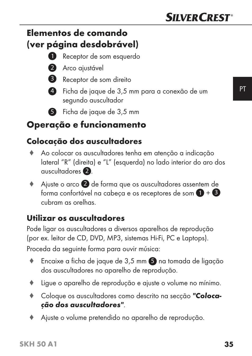 Elementos de comando (ver página desdobrável), Operação e funcionamento, Colocação dos auscultadores | Utilizar os auscultadores | Silvercrest SKH 50 A1 User Manual | Page 38 / 73