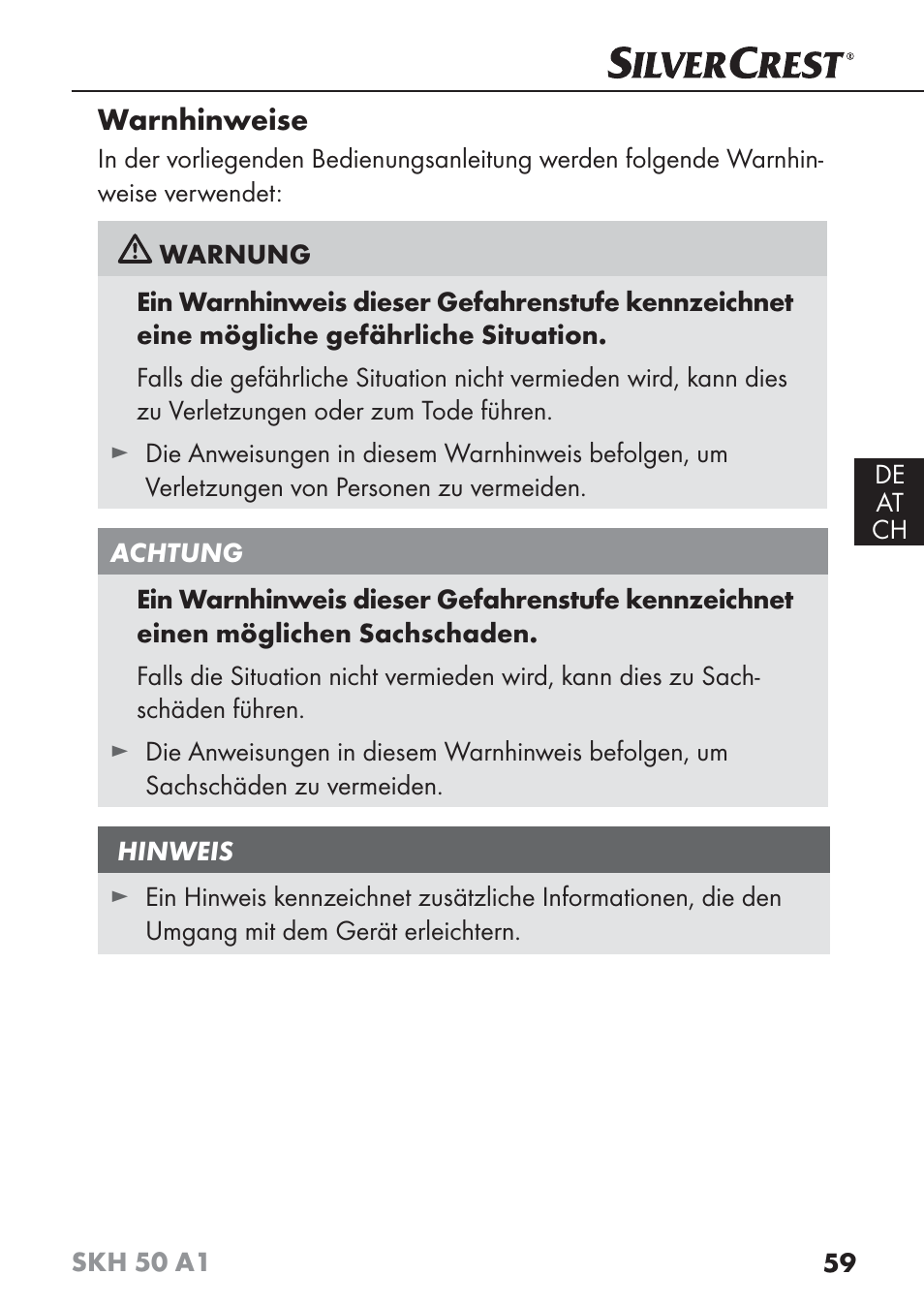 Warnhinweise | Silvercrest SKH 50 A1 User Manual | Page 62 / 73