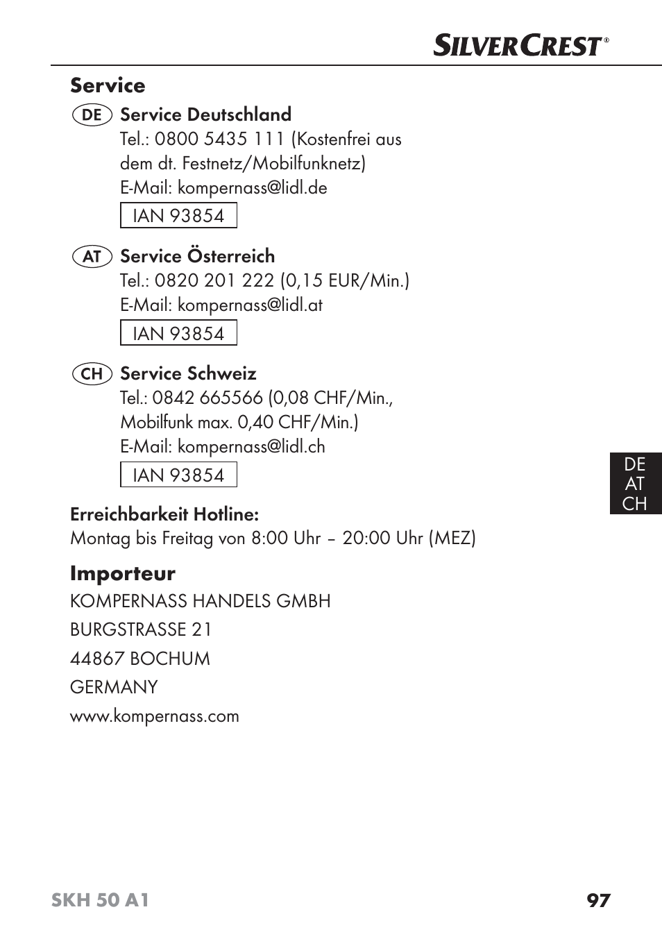 Service, Importeur | Silvercrest SKH 50 A1 User Manual | Page 100 / 101