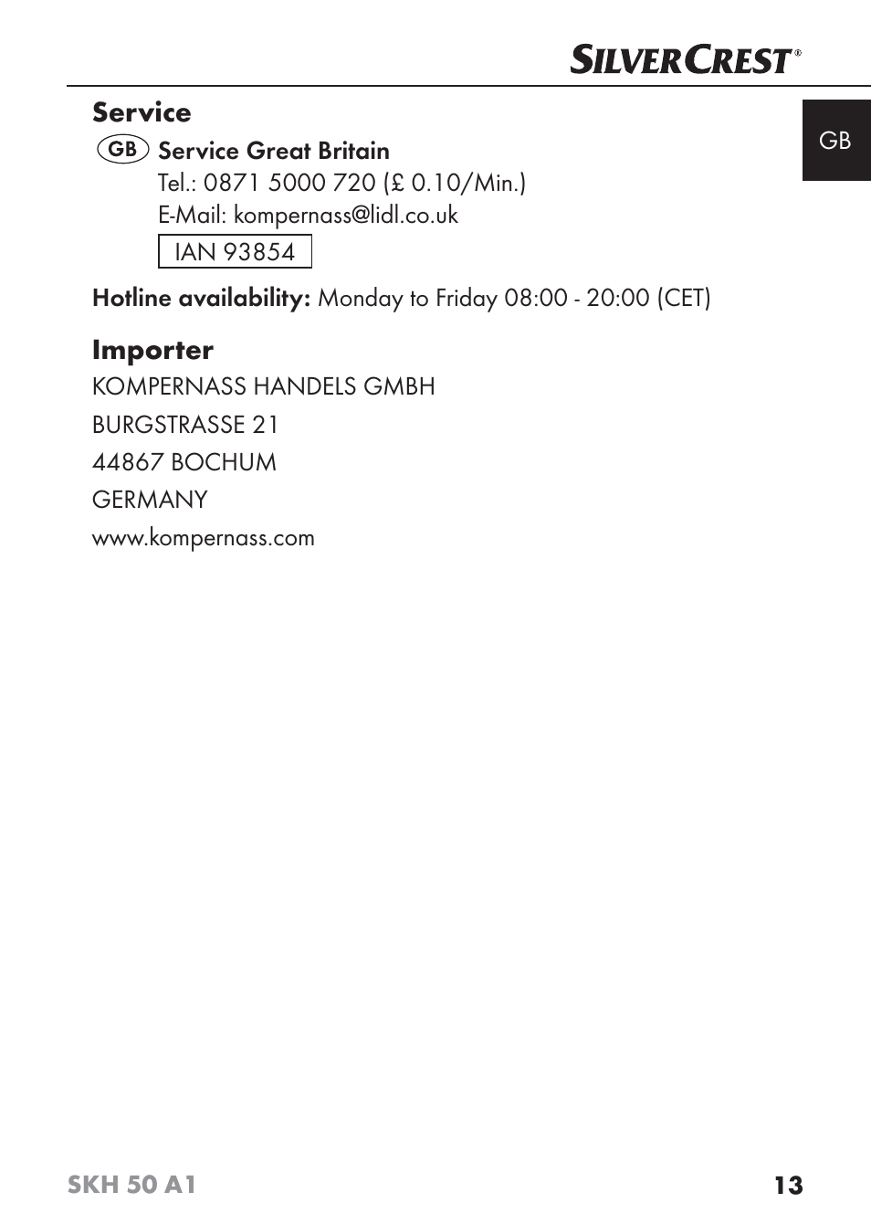 Service, Importer | Silvercrest SKH 50 A1 User Manual | Page 16 / 101