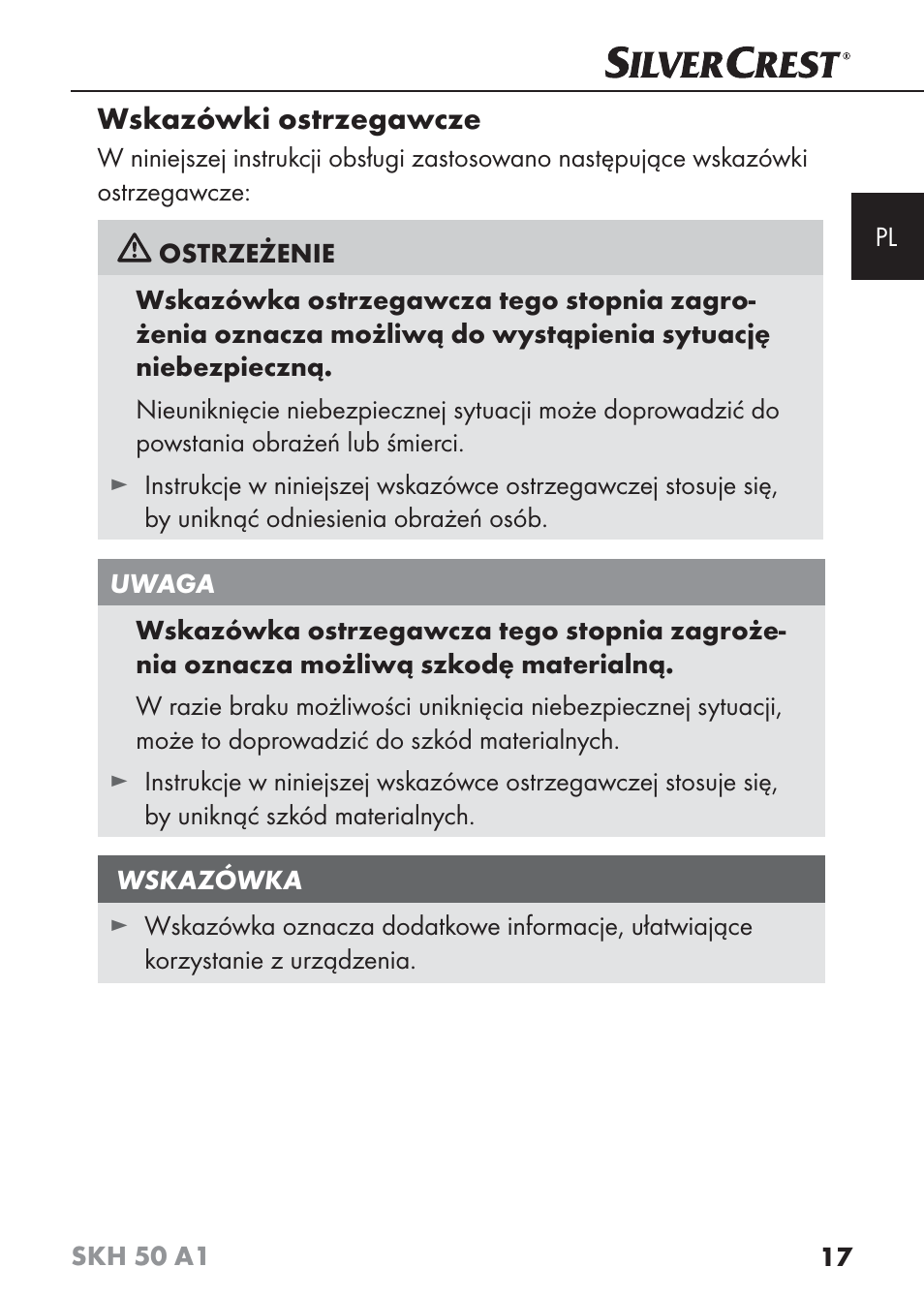 Wskazówki ostrzegawcze | Silvercrest SKH 50 A1 User Manual | Page 20 / 101