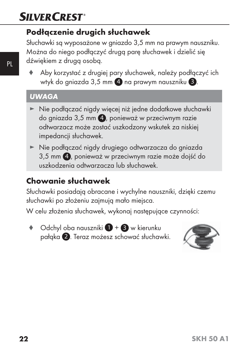 Podłączenie drugich słuchawek, Chowanie słuchawek | Silvercrest SKH 50 A1 User Manual | Page 25 / 101