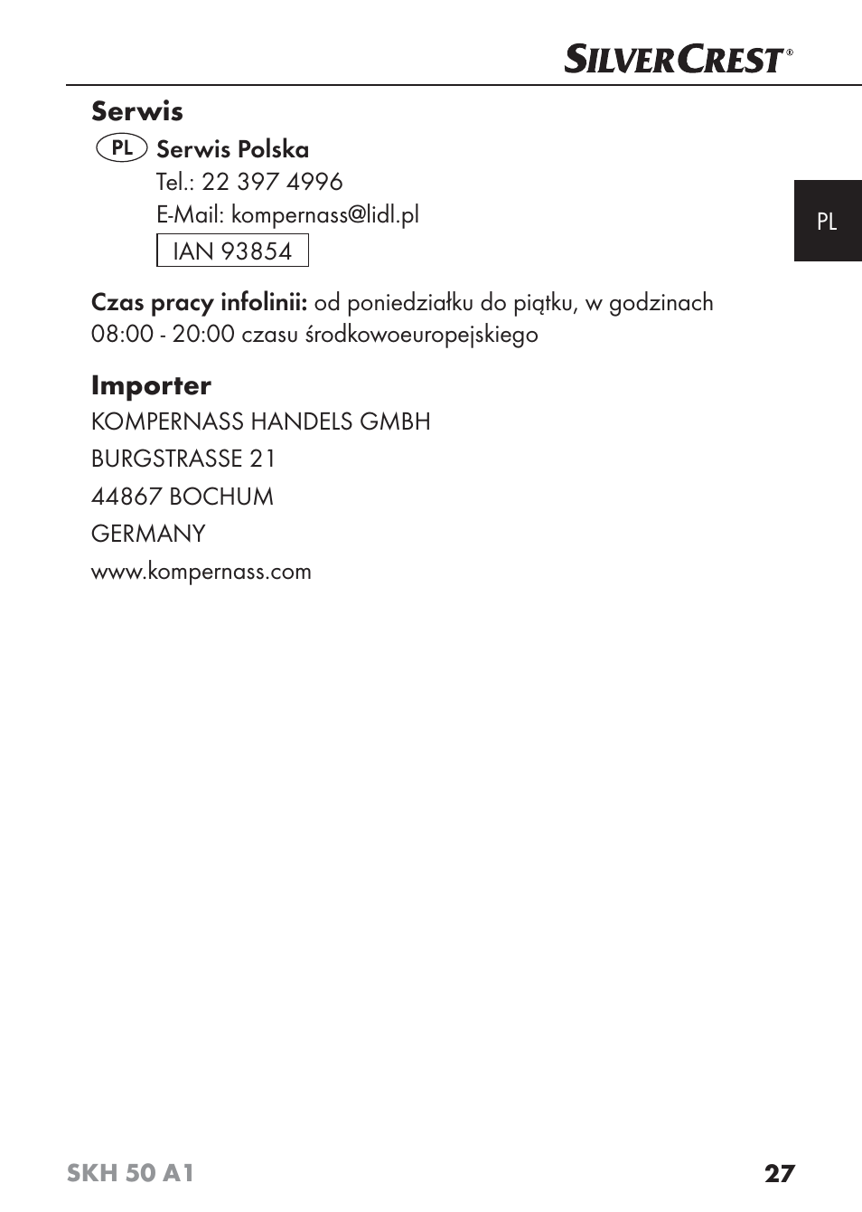 Serwis, Importer | Silvercrest SKH 50 A1 User Manual | Page 30 / 101