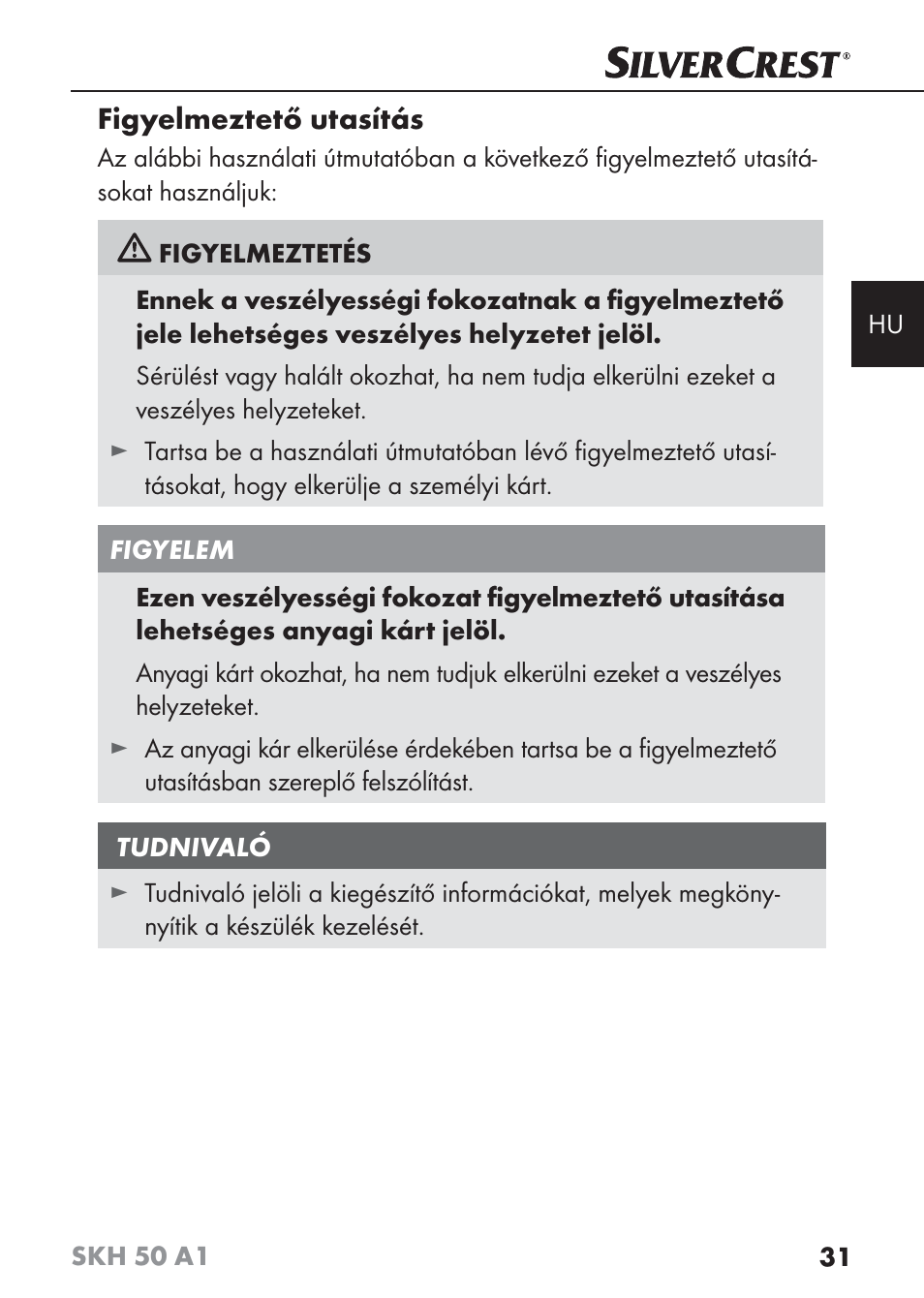 Figyelmeztető utasítás | Silvercrest SKH 50 A1 User Manual | Page 34 / 101