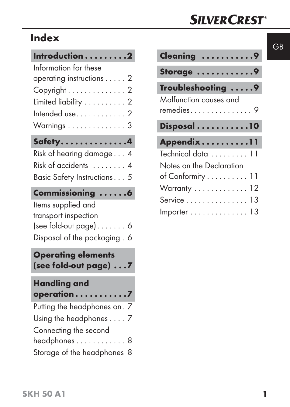 Index | Silvercrest SKH 50 A1 User Manual | Page 4 / 101