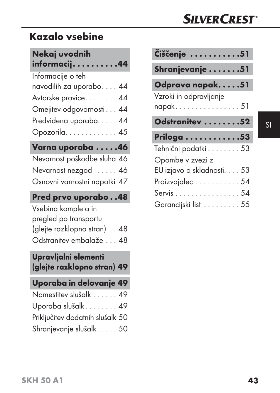 Kazalo vsebine | Silvercrest SKH 50 A1 User Manual | Page 46 / 101