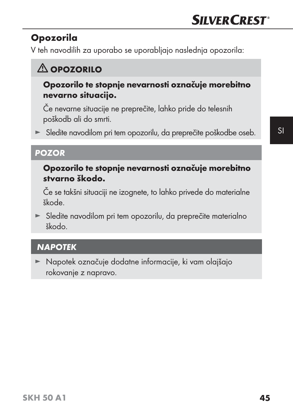 Opozorila | Silvercrest SKH 50 A1 User Manual | Page 48 / 101
