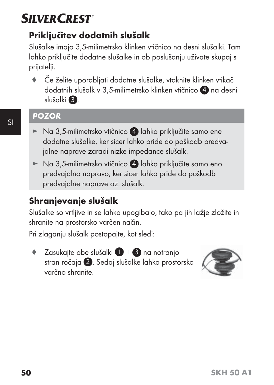 Priključitev dodatnih slušalk, Shranjevanje slušalk | Silvercrest SKH 50 A1 User Manual | Page 53 / 101