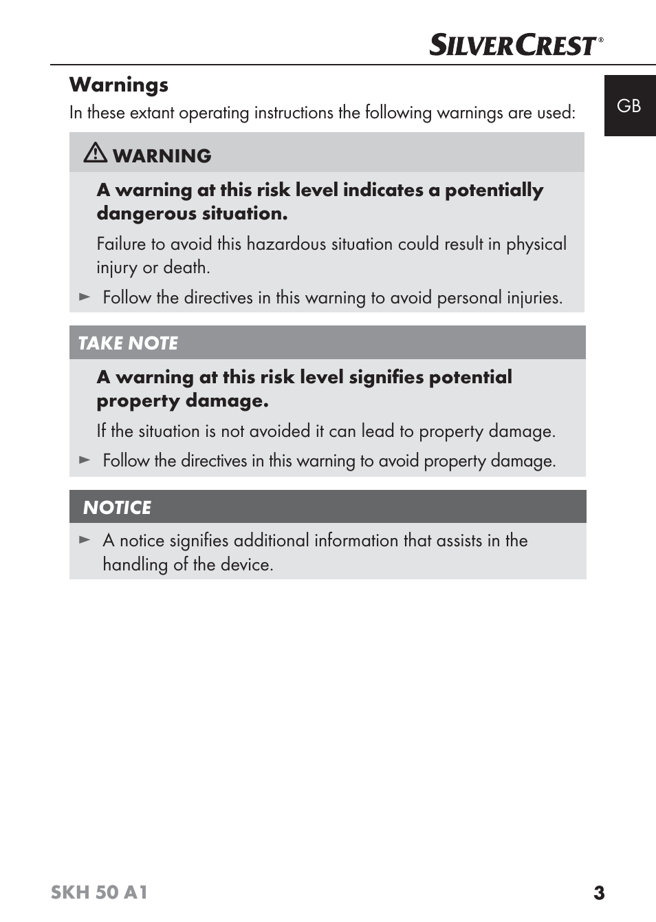 Warnings | Silvercrest SKH 50 A1 User Manual | Page 6 / 101