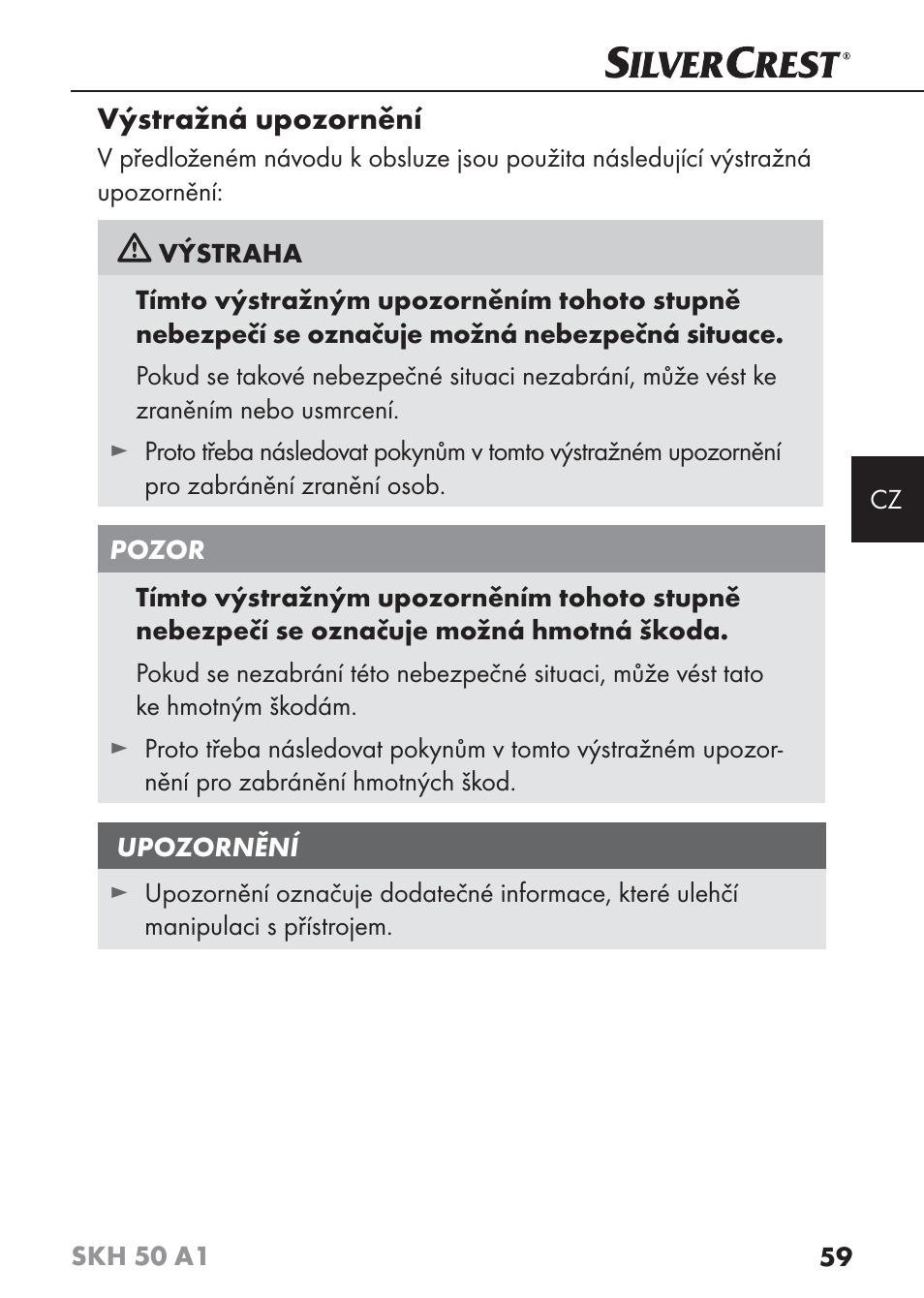 Výstražná upozornění | Silvercrest SKH 50 A1 User Manual | Page 62 / 101