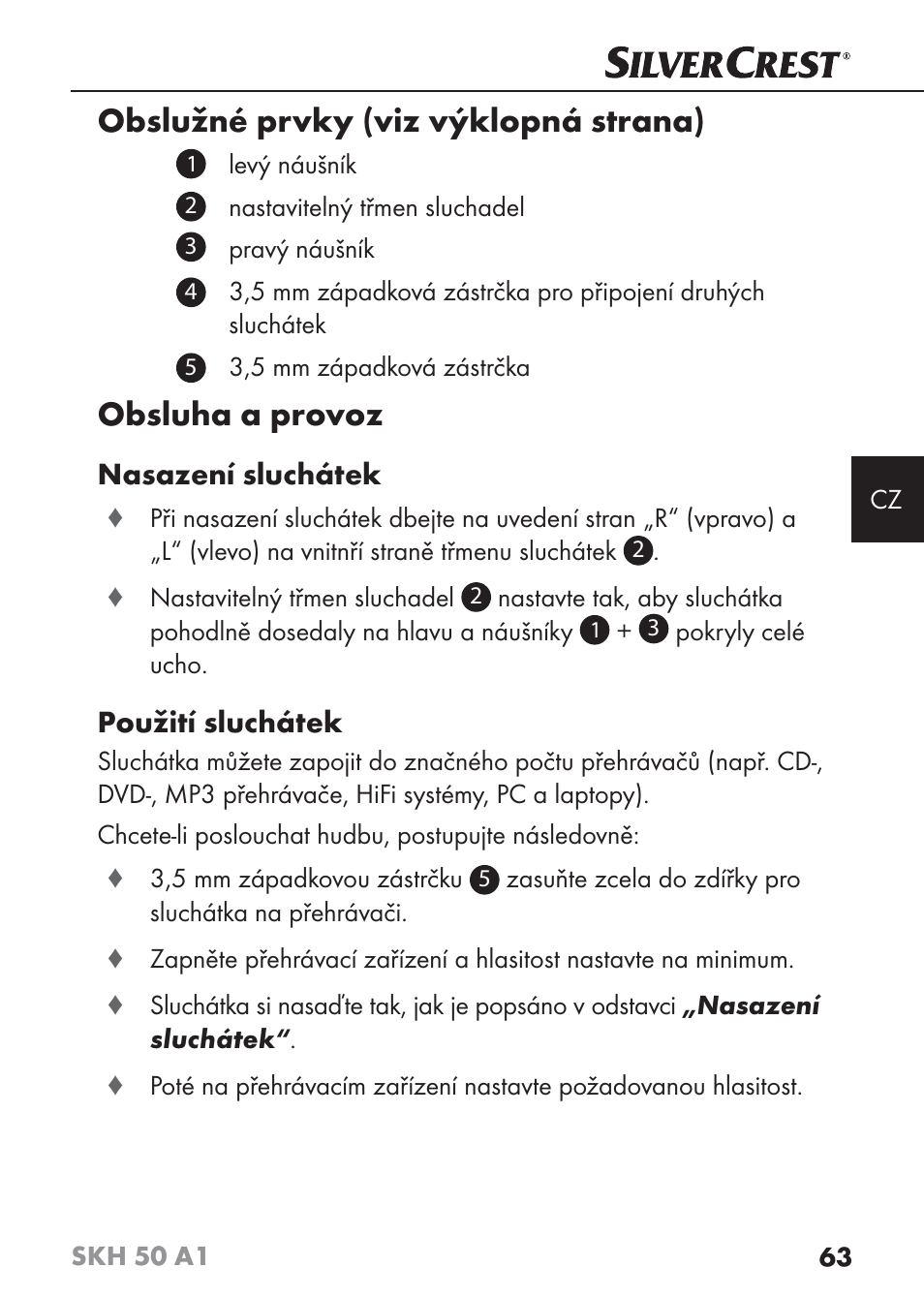 Obslužné prvky (viz výklopná strana), Obsluha a provoz, Nasazení sluchátek | Použití sluchátek | Silvercrest SKH 50 A1 User Manual | Page 66 / 101