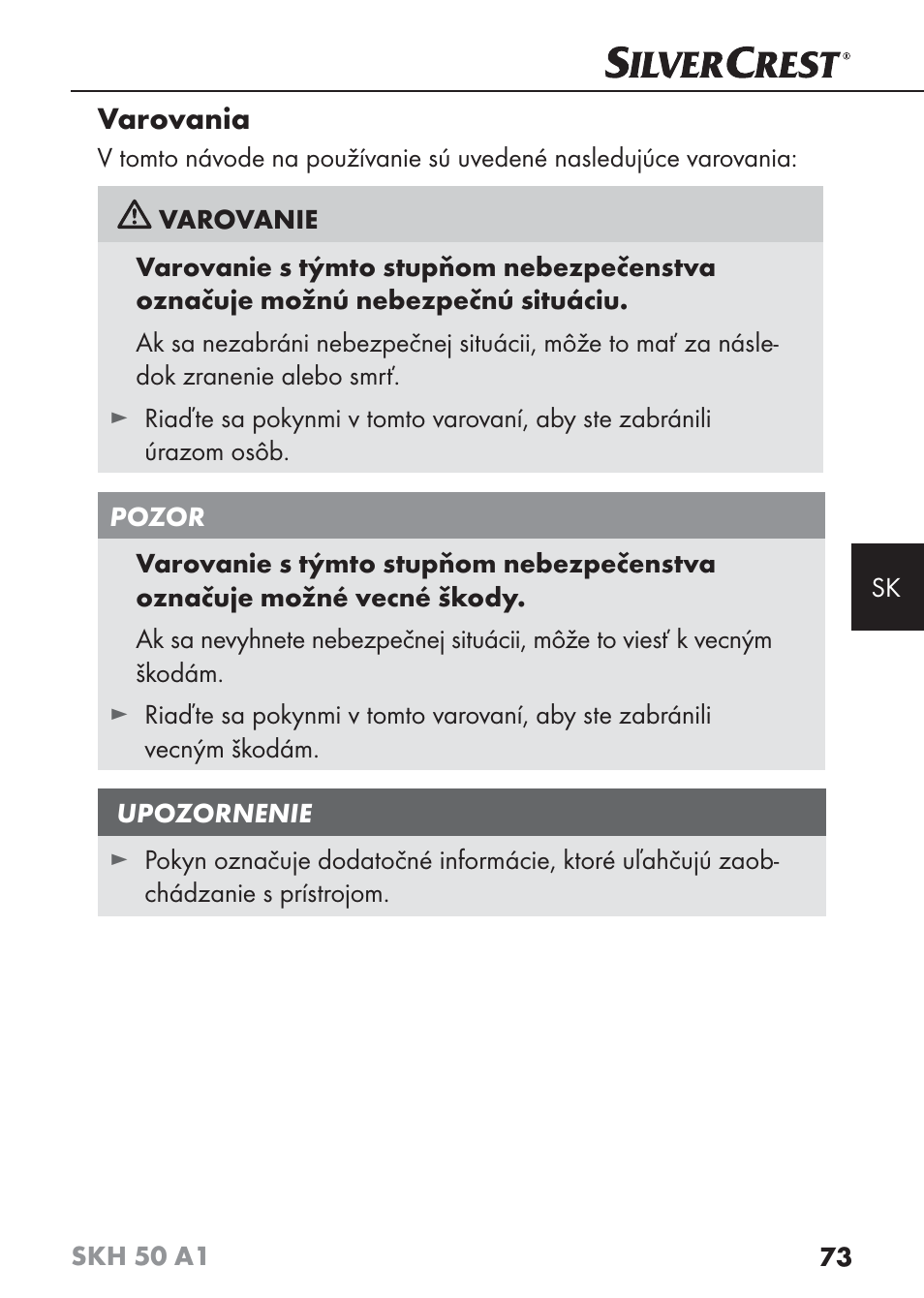 Varovania | Silvercrest SKH 50 A1 User Manual | Page 76 / 101