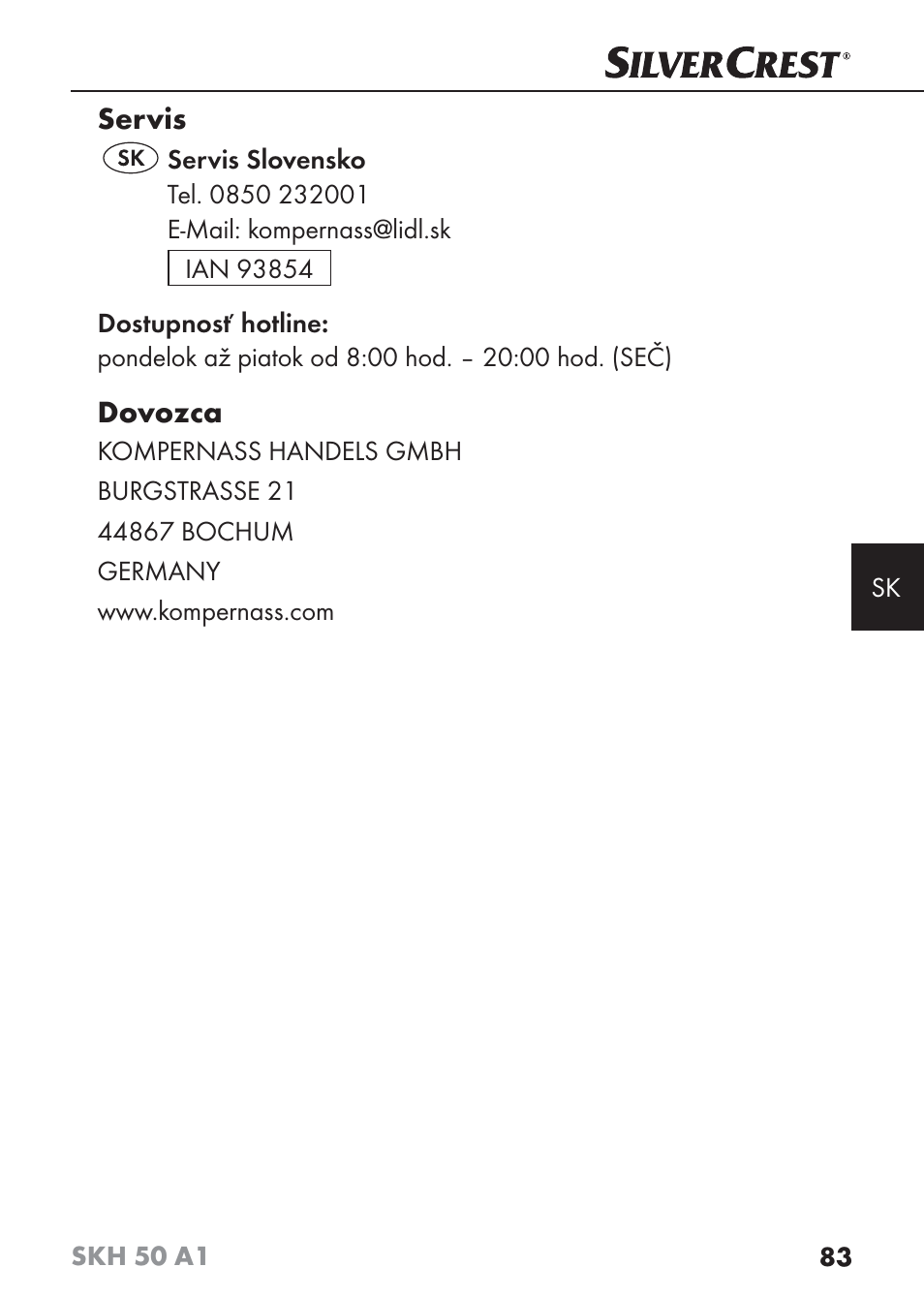 Servis, Dovozca | Silvercrest SKH 50 A1 User Manual | Page 86 / 101