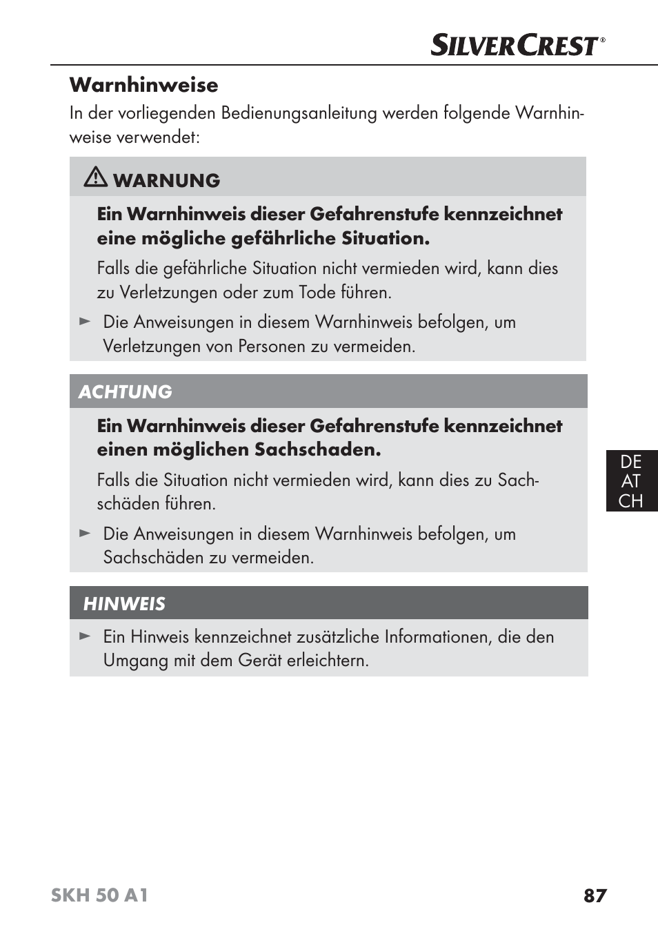 Warnhinweise | Silvercrest SKH 50 A1 User Manual | Page 90 / 101