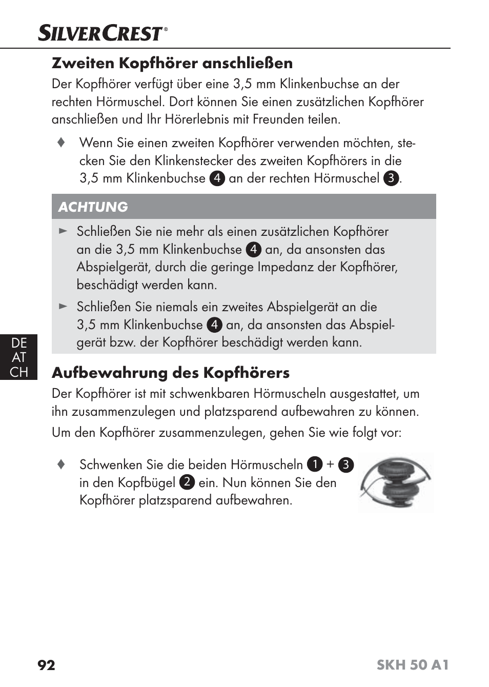 Zweiten kopfhörer anschließen, Aufbewahrung des kopfhörers | Silvercrest SKH 50 A1 User Manual | Page 95 / 101
